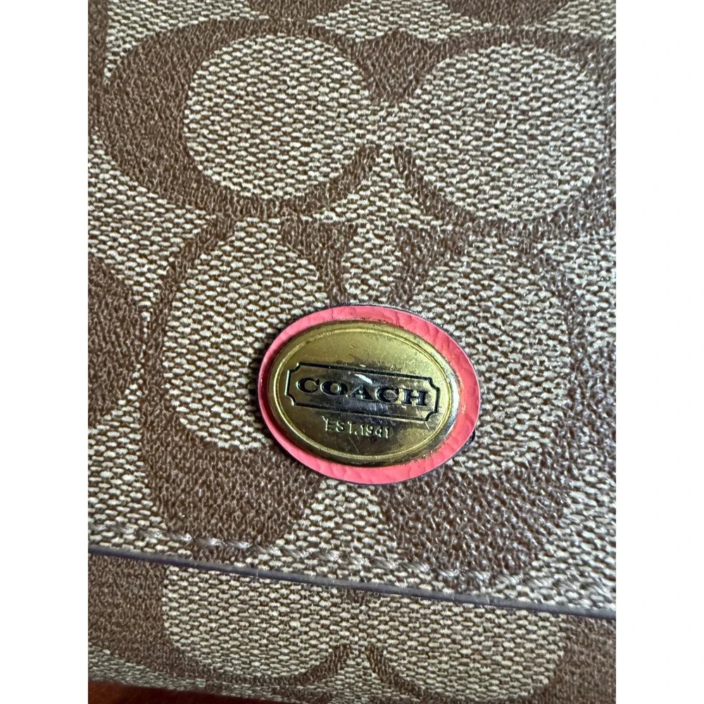 Coach Signature Coated Canvas Slim Envelope Wallet Brown Pink Gold Logo Plaque